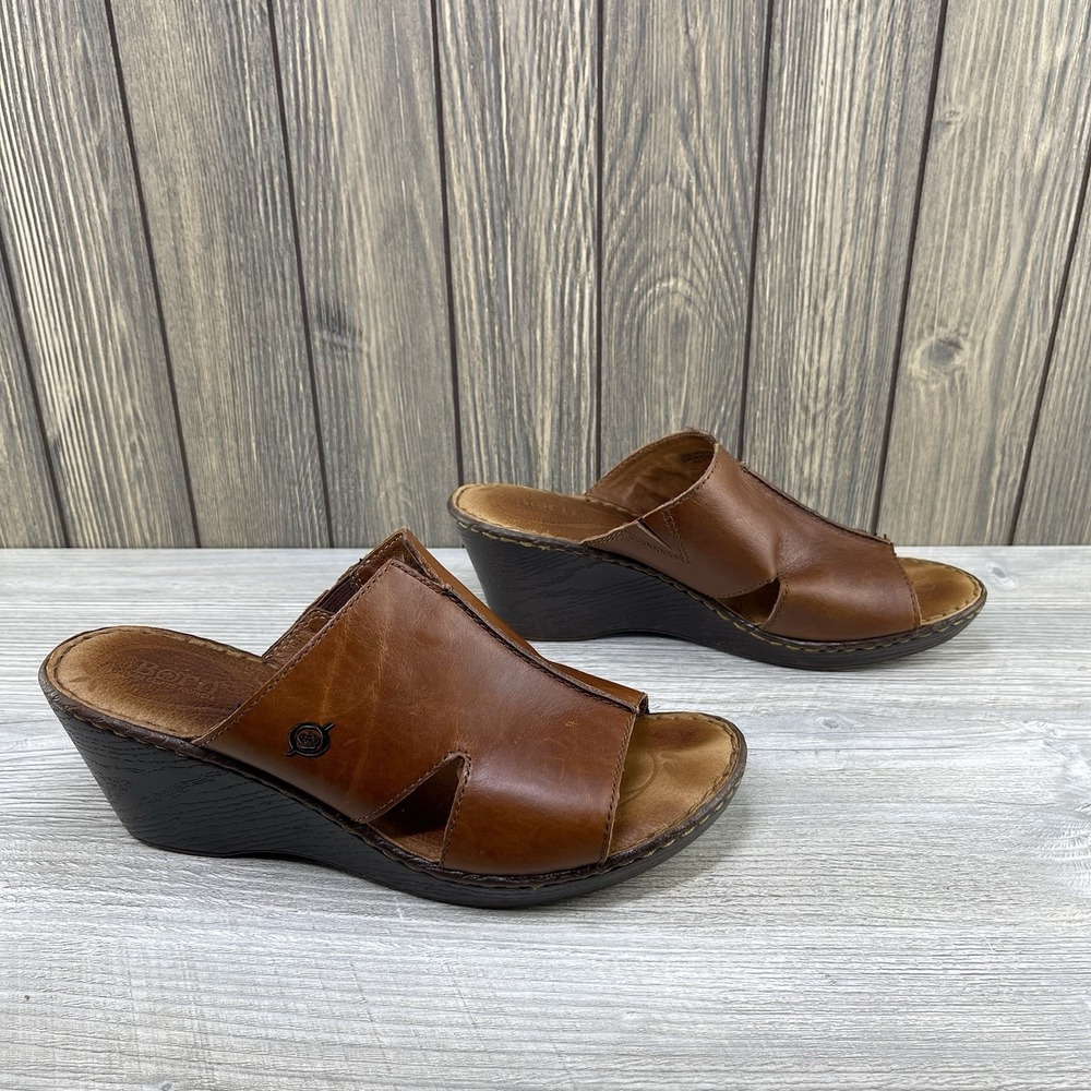 Womens Born Wedge Platform Slide Sandals Size: 10 Brown Leather Slip Heel Shoes